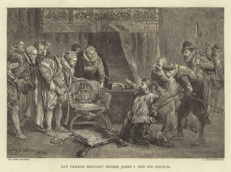 Guy Fawkes brakte for James I og hans råd av John Gilbert
