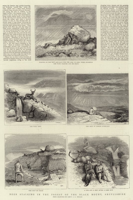 Hjort som forfølger i skogen til Black Mount, Argyllshire av John Guille Millais