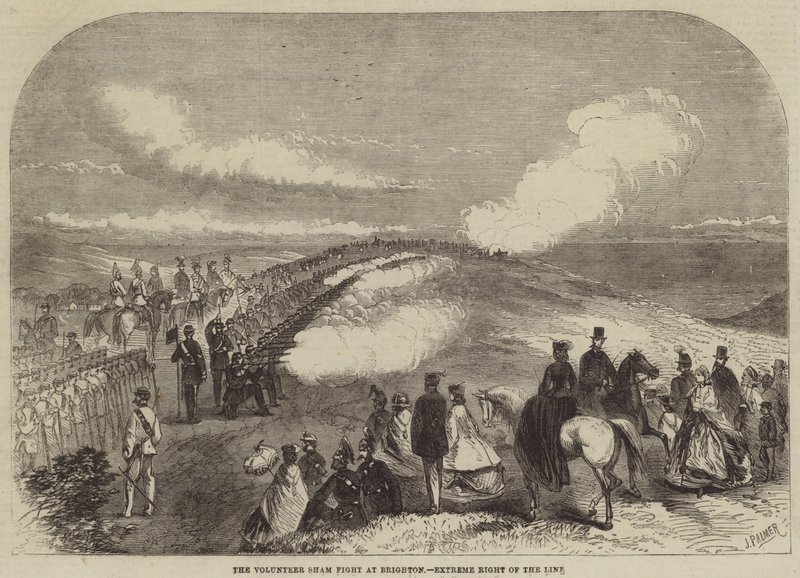 The Volunteer Sham Fight i Brighton, ytterst til høyre for linjen av John Palmer