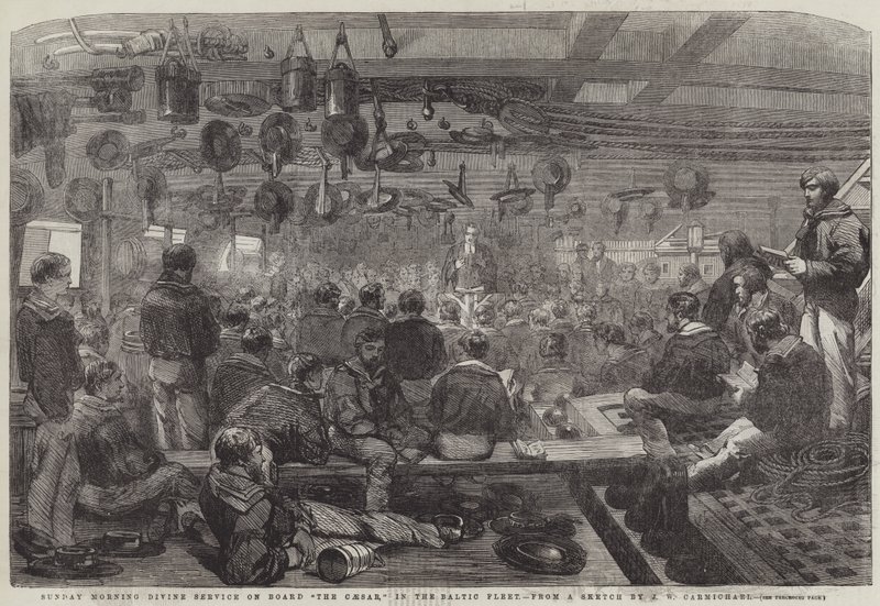 Gudstjeneste søndag morgen om bord på Cæsar, i den baltiske flåten av John Wilson Carmichael