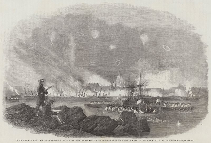 Bombardementet av Sveaborg, brenning av de 60 kanonbåtskurene, skissert fra en motsatt stein av John Wilson Carmichael