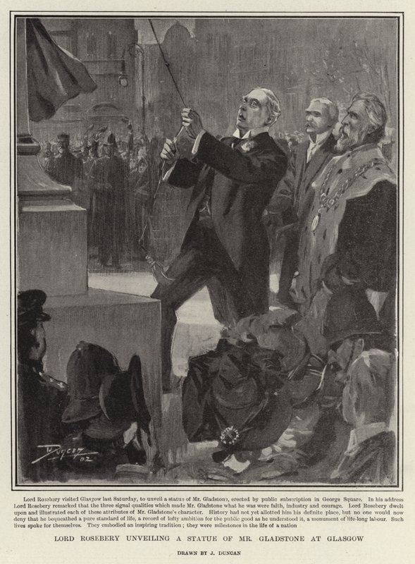 Lord Rosebery avduker en statue av Mr Gladstone i Glasgow av after John Duncan