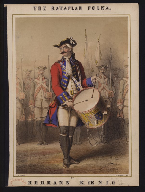 The Rataplan Polka, av Hermann Koenig, viktoriansk noteomslag (farge litho) av John (after) Brandard
