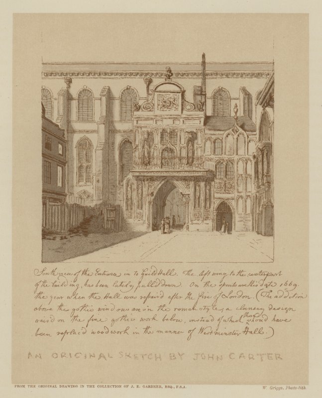 Sørutsikt over inngangen til Guildhall, City of London (litho) av John (after) Carter