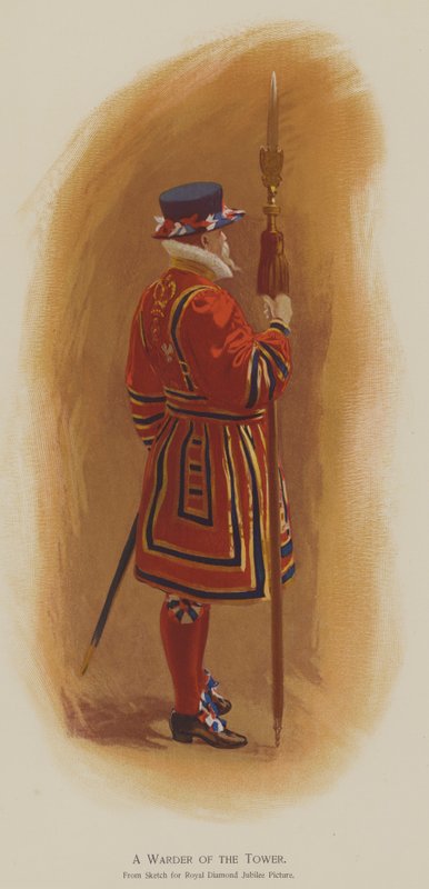 A Warder of the Tower (farge litho) av John (after) Charlton