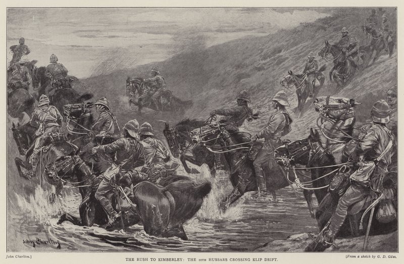 Suset til Kimberley, de 10. husarene som krysser Klip Drift (litho) av John (after) Charlton