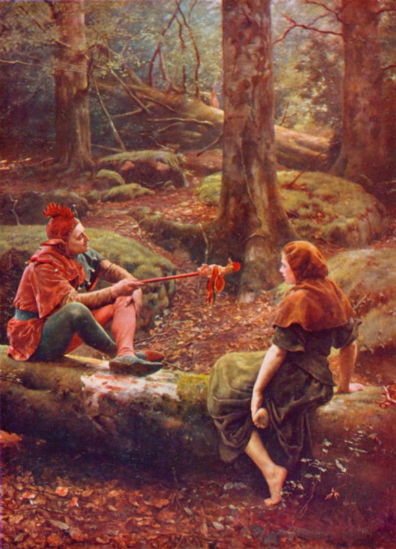 Shakespeare: Touchstone and Audrey in the Forest of Arden, As You Like It, Act III, Scene 3 (color litho) av John (after) Collier