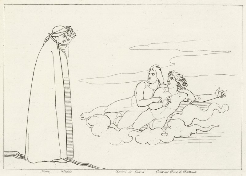En samtale med Guido Di Brettinoro, Purgatory, Canto 14 (gravering) av John (after) Flaxman