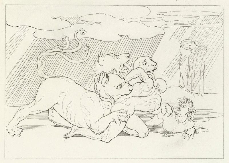 Cerberus, Inferno, Canto 6 (gravering) av John (after) Flaxman