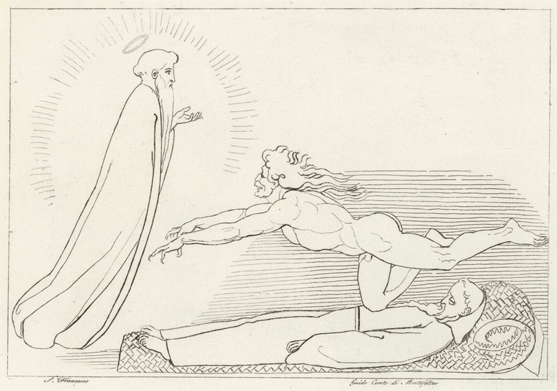 Striden om Guido De Montefeltro, Inferno, Canto 27 (gravering) av John (after) Flaxman