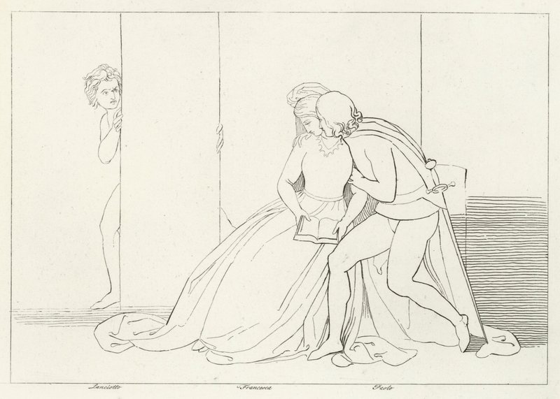 The Lovers Surprised, Inferno, Canto 5 (gravering) av John (after) Flaxman