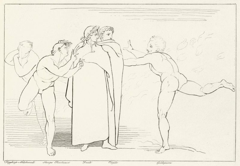 The Rain of Fire, Inferno, Canto 16 (gravering) av John (after) Flaxman