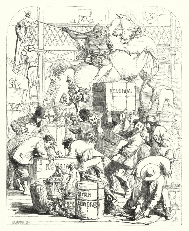 Ankomst av varer som skal stilles ut på den store utstillingen i 1851, Crystal Palace, Hyde Park, London (gravering) av John (after) Gilbert