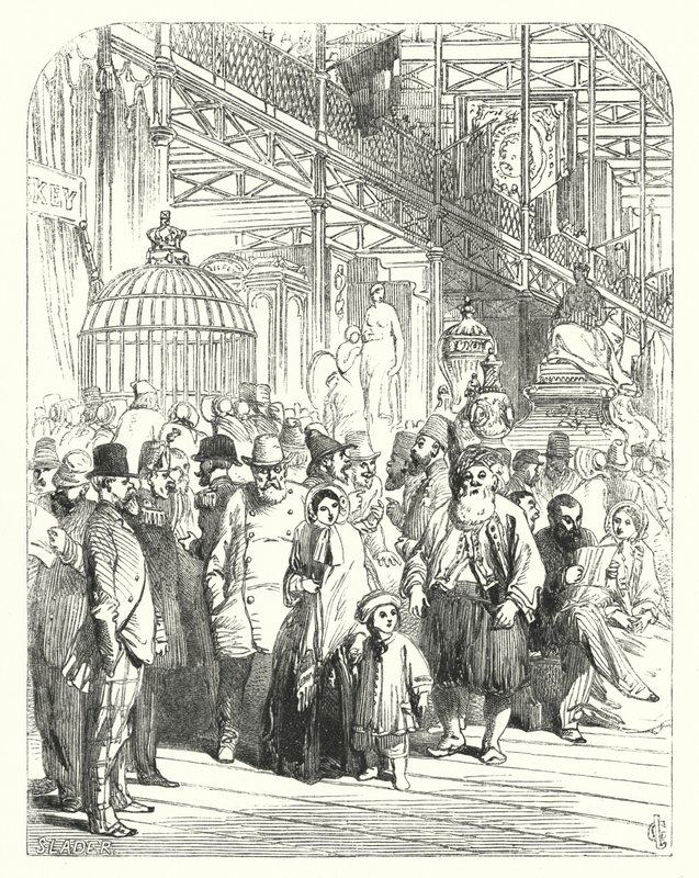 Utstillere og besøkende i Crystal Palace, Hyde Park, London, stedet for den store utstillingen i 1851 (gravering) av John (after) Gilbert