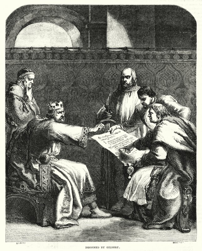 Kong John nektet å signere Magna Charta i Oxford, i 1215 (gravering) av John (after) Gilbert