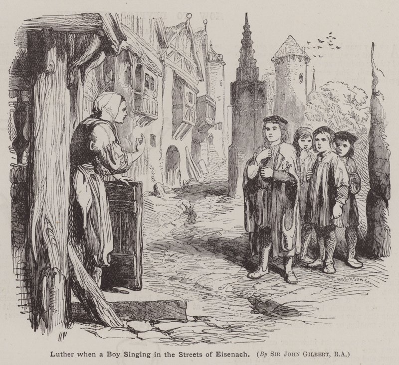 Martin Luther da en gutt synger i Eisenachs gater (gravering) av John (after) Gilbert