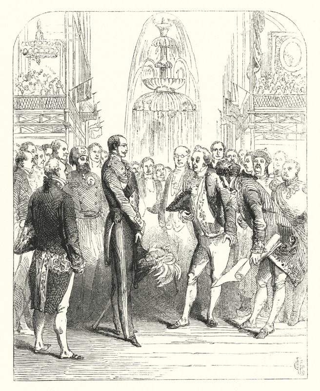 Prins Albert og de kongelige kommissærer på den store utstillingen i 1851, Crystal Palace, Hyde Park, London (gravering) av John (after) Gilbert