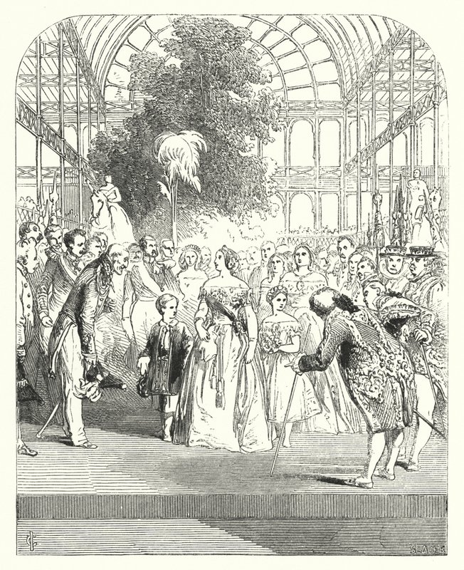 Dronning Victoria og barna hennes besøker den store utstillingen fra 1851, Crystal Palace, Hyde Park, London (gravering) av John (after) Gilbert