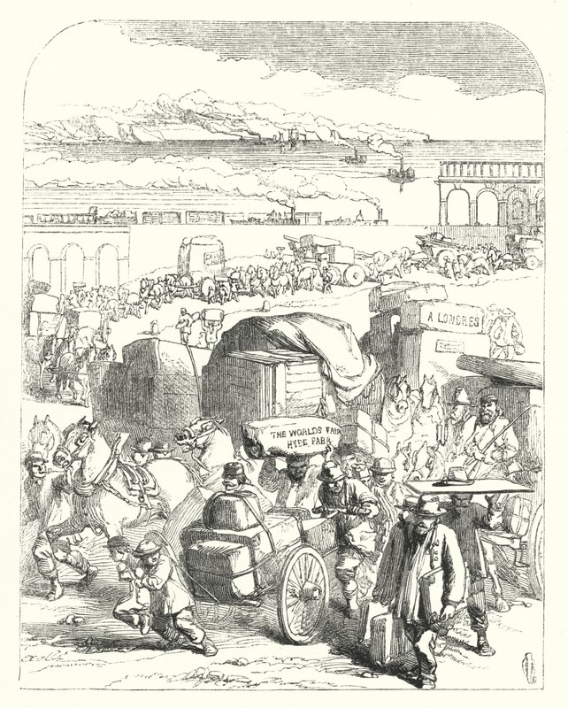 Skip og tog som bringer besøkende til den store utstillingen i 1851, Crystal Palace, Hyde Park, London (gravering) av John (after) Gilbert