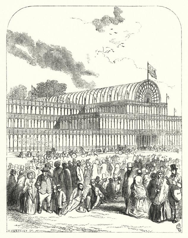 Crystal Palace i Hyde Park, London, arena for den store utstillingen i 1851, designet av Joseph Paxton og Charles Fox (gravering) av John (after) Gilbert