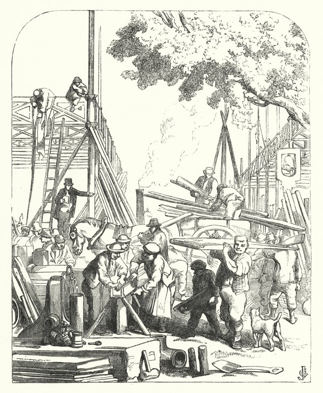 Arbeidere på stedet for Crystal Palace, Hyde Park, London, stedet for den store utstillingen i 1851 (gravering) av John (after) Gilbert