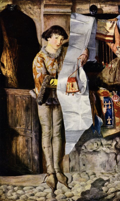 Gutt utenfor en draper-butikk i middelalderen som promoterte varene sine (bilde) av John (after) Pettie