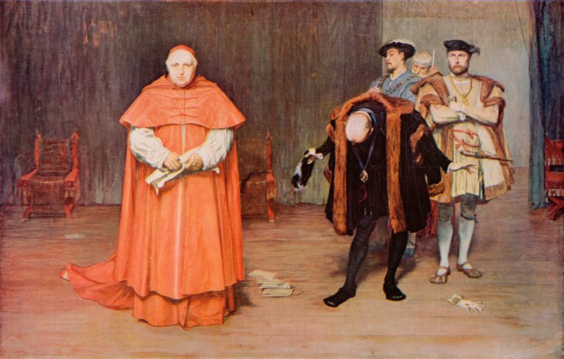 Shakespeare: The Downfall of Wolsey, King Henry VIII, Act III, Scene 2 (farge litho) av John (after) Pettie