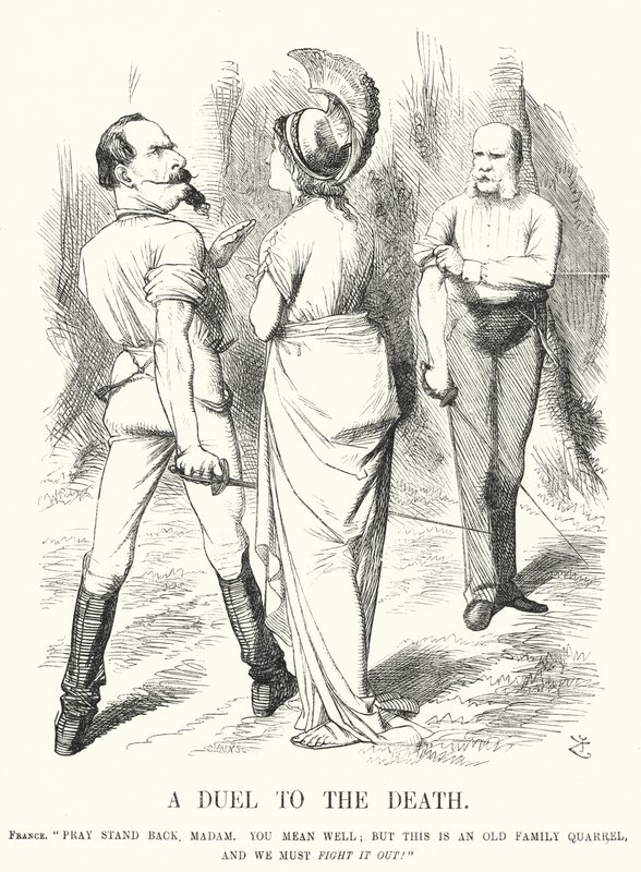 Punch tegneserie: A Duel to the Death - den fransk-prøyssiske krigen (gravering) av John (after) Tenniel