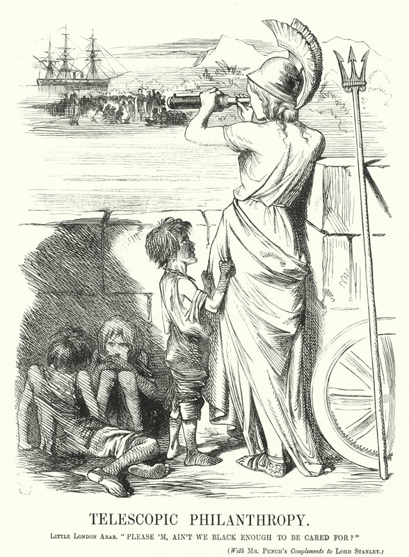 Punch tegneserie: Telescopic Philanthropy - den viktorianske middelklassens opptatthet av hjelp til de fattige utenlands heller solbrun hjemme (gravering) av John (after) Tenniel