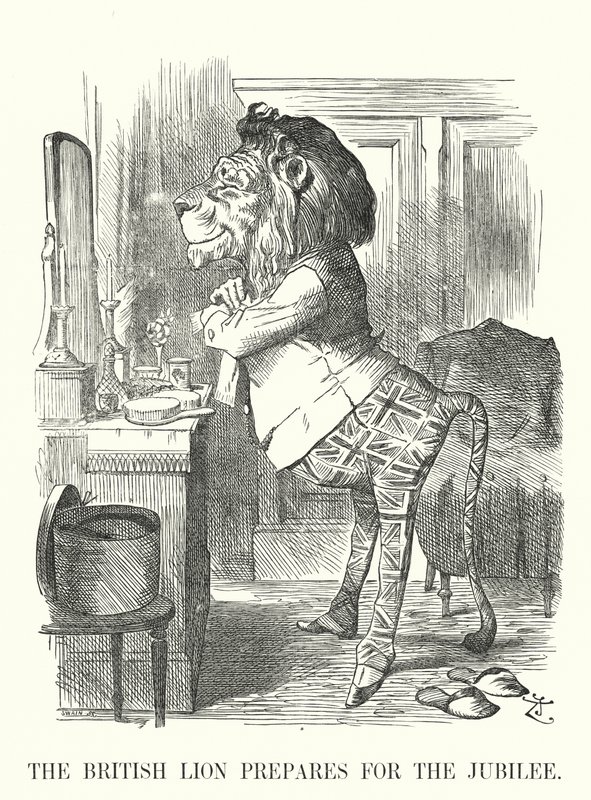 Punch tegneserie: Den britiske løven forbereder seg på jubileet - Dronning Victorias gylne jubileum av John (after) Tenniel
