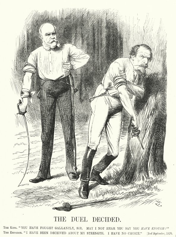 Punch tegneserie: The Duel Decided - Frankrikes nederlag i den fransk-prøyssiske krigen (gravering) av John (after) Tenniel