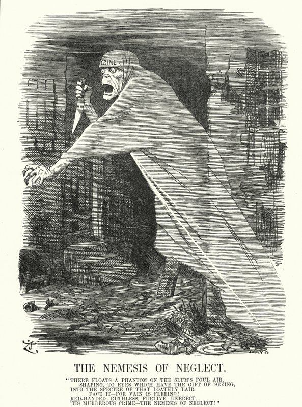 Punch tegneserie: The Nemesis of Neglect - fattigdom og kriminalitet i London på tidspunktet for Jack the Ripper-drapene (gravering) av John (after) Tenniel