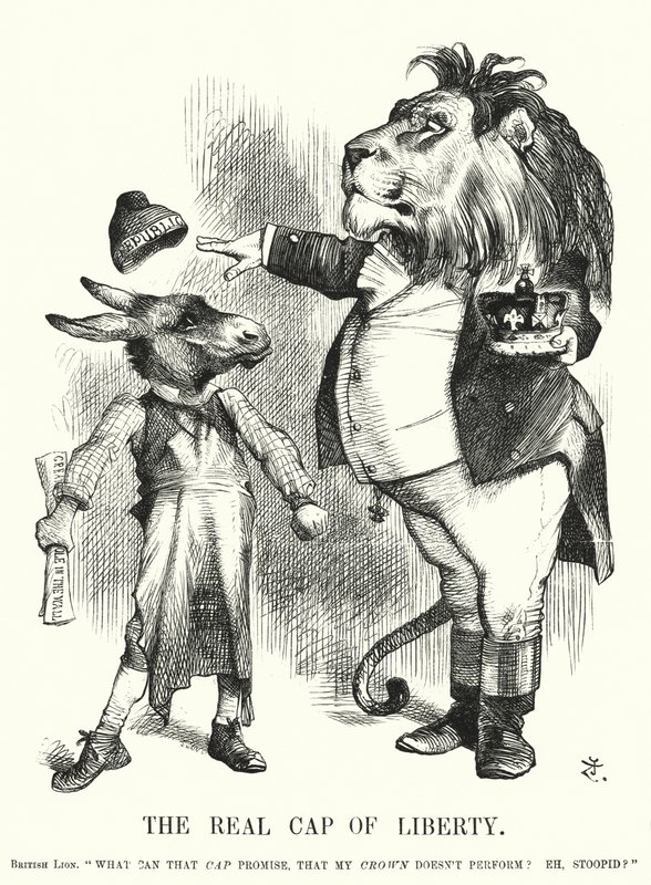 Punch tegneserie: The Real Cap of Liberty - overlegenheten til Storbritannias konstitusjonelle monarki over republikanisme (gravering) av John (after) Tenniel