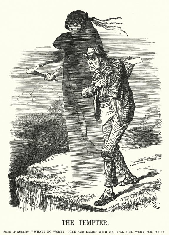 Punch tegneserie: The Tempter - anarkismens fristelse for arbeidsledige (gravering) av John (after) Tenniel