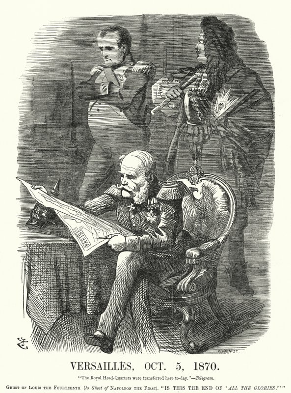 Punch tegneserie: Versailles, 5. oktober 1870 - ydmykelsen av Frankrike i den fransk-prøyssiske krigen (gravering) av John (after) Tenniel