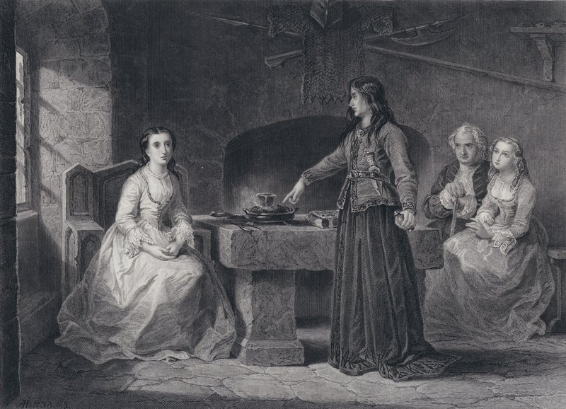 Illustrasjon for The Pirate av Sir Walter Scott (gravering) av John Adam P. Houston