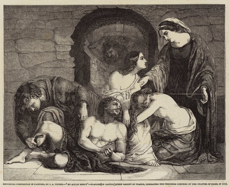 Historical Composition in Painting, An Act of Mercy, Blanche av Castilla, Dronning Regent av Frankrike, frigjøring av fangene innesperret av kapittelet i Paris, i 1512 av John Alfred Vintner