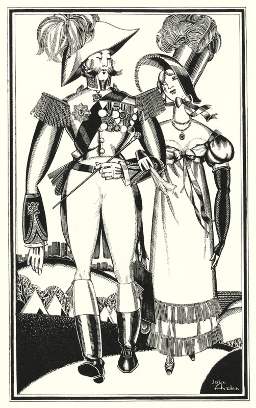 Illustrasjon for Don Juan av Lord Byron: Medaljer, rangering, bånd, blonder, broderi, scarlet (litho) av John Austen
