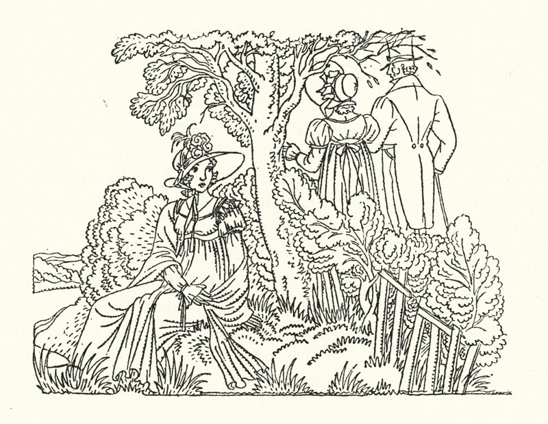 Illustrasjon for Persuasian av Jane Austen (farge litho) av John Austen