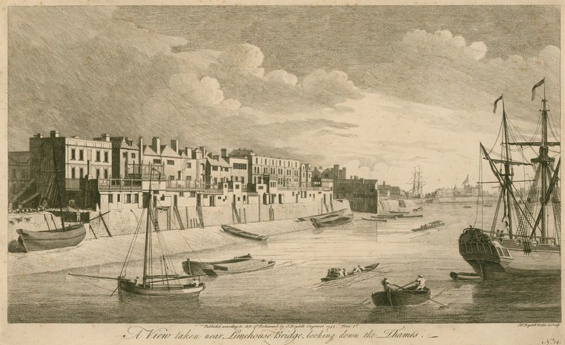 En utsikt tatt nær Limehouse Bridge og ser nedover Themsen av John Boydell