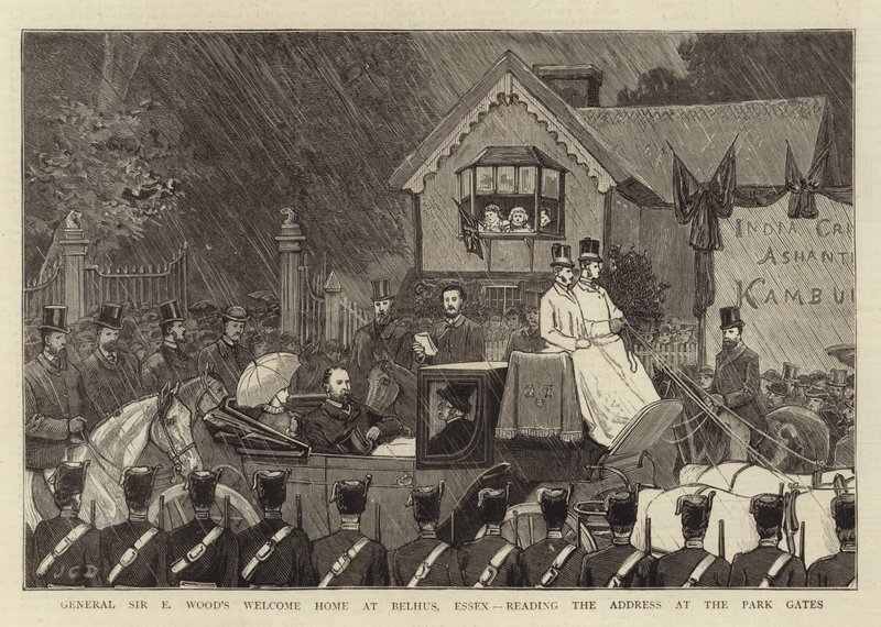 General Sir E Woods velkomsthjem i Belhus, Essex, leser adressen ved Park Gates av John Charles Dollman