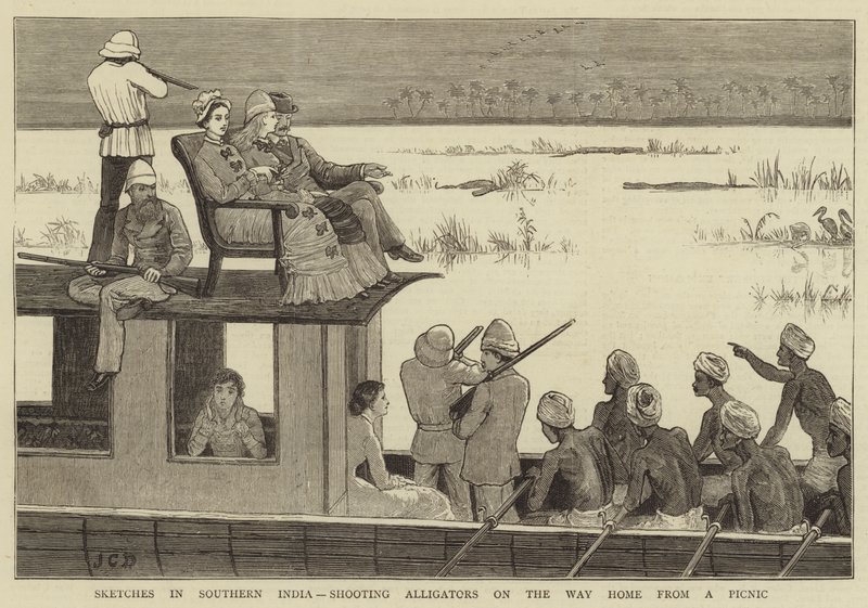 Skisser i Sør-India, skyting Alligatorer på vei hjem fra en piknik av John Charles Dollman