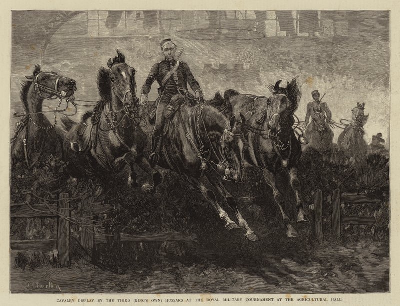 Kavalerioppvisning av de tredje (kongens egne) husarer ved Royal Military Tournament i Agricultural Hall av John Charlton