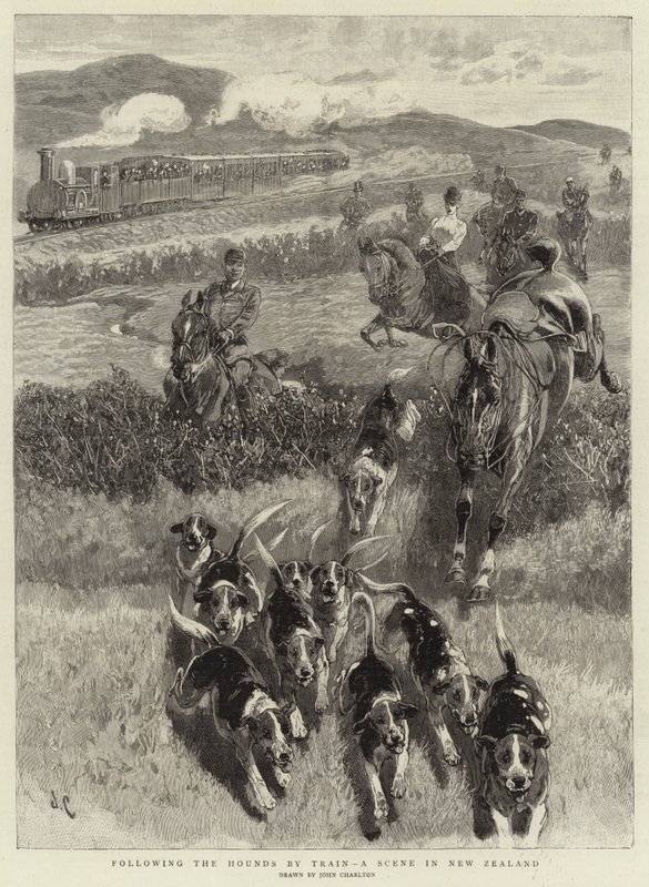 Following the Hounds by Train, en scene i New Zealand av John Charlton