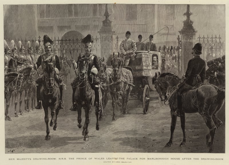 Hennes Majestets tegnestue, H R H prinsen av Wales forlater palasset til Marlborough House etter salongen av John Charlton
