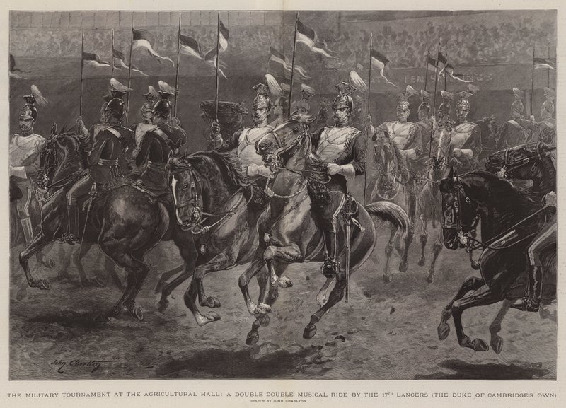 Militærturneringen i Agricultural Hall, A Double Double Musical Ride av de 17. Lancers, hertugen av Cambridges egne av John Charlton