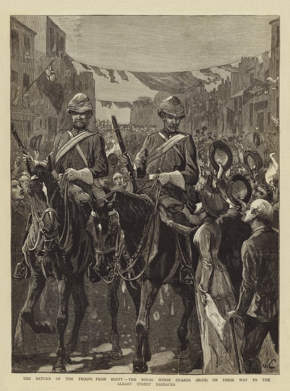 Troppenes retur fra Egypt, Royal Horse Guards (blå) på vei til Albany Street Barracks av John Charlton