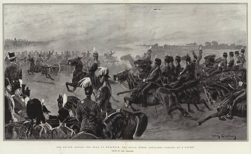 Gjennomgangen før sjahen i Woolwich, Royal Horse Artillery passerer i galopp av John Charlton