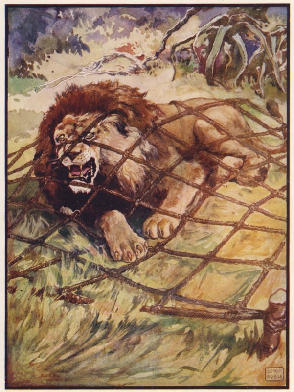 Løven og musen (farge litho) av John Edwin Noble