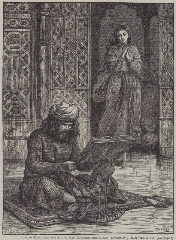 Zobeide oppdager den unge mannen som resiterer Koranen (gravering) av John Everett (after) Millais
